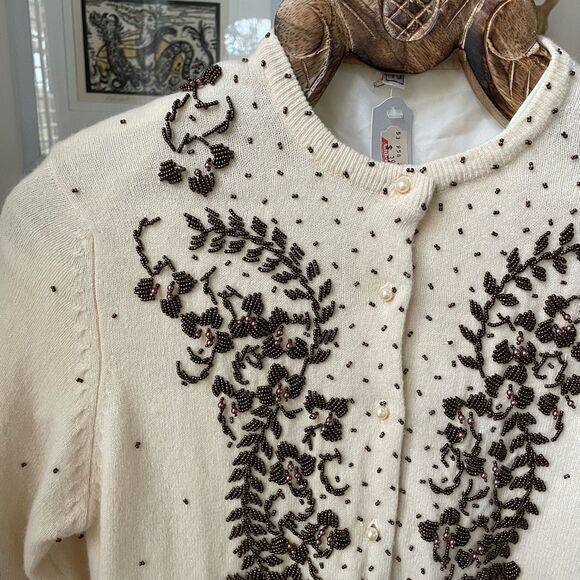 New NOS NWT Vintage 50s Beaded Pearl Button Cardigan Ivory Brown Wool S 40 - Picture 2 of 10